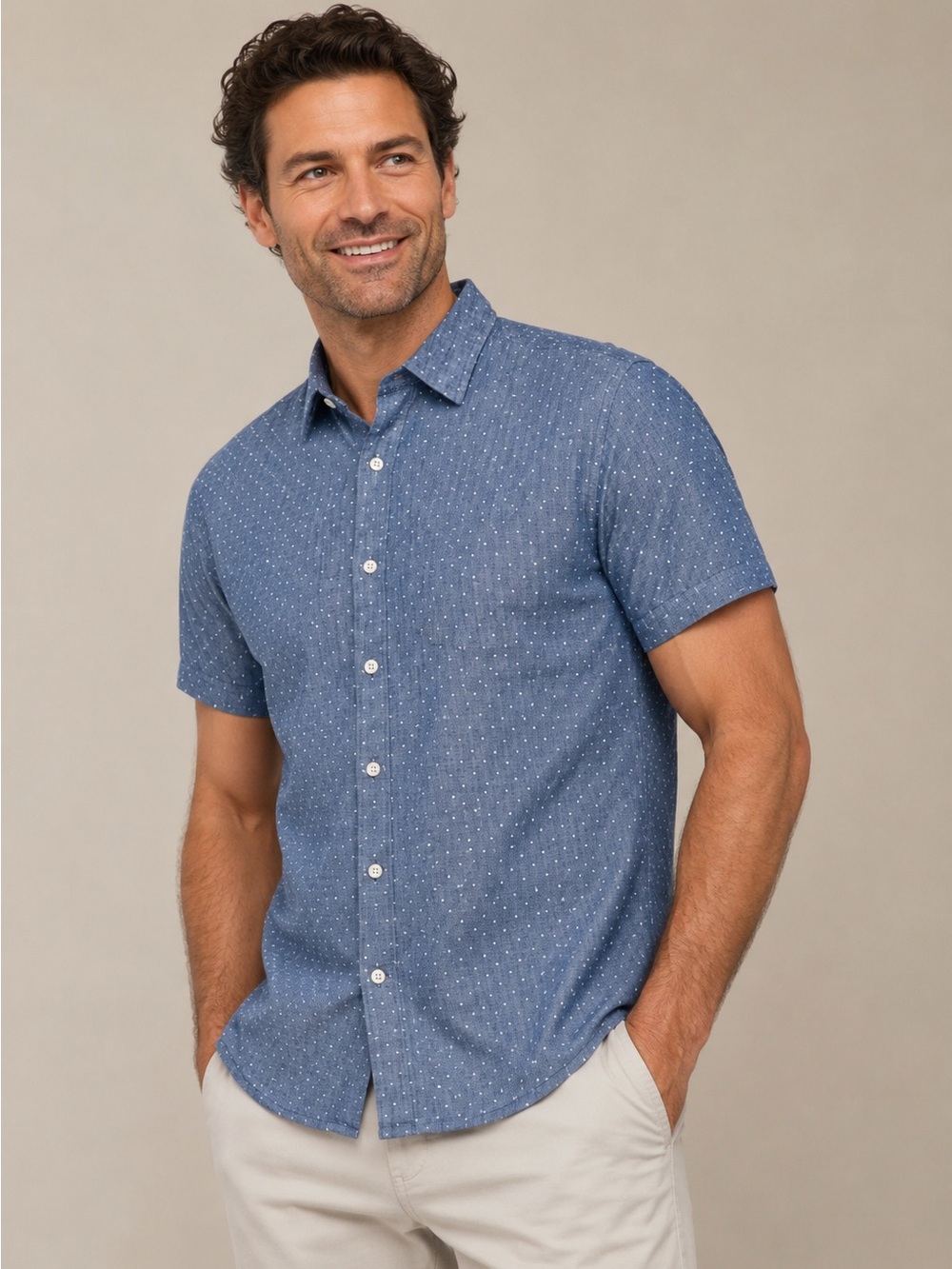 Bonobos Mens Tailored Slim Fit Polka Dot Blue Chambray Shirt. Medium Short.
